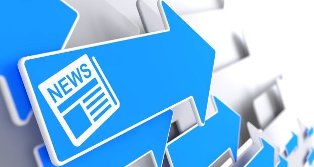 Newspaper Icon with News Title on Blue Arrow.